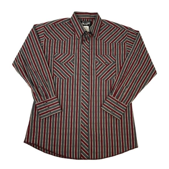 Wrangler Other - NOS VTG Wrangler Long Sleeve Pearl Snap Striped Collared Shirt (Size L) Gray Red